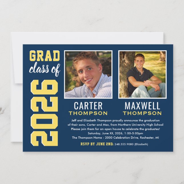 Two Graduates Navy Yellow Graduation Party Photo Invitation (Front)