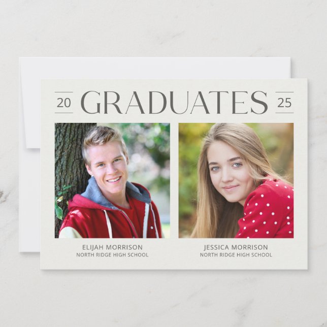 Two Graduates Neutral Grey Photo Double Grad Party Invitation (Front)