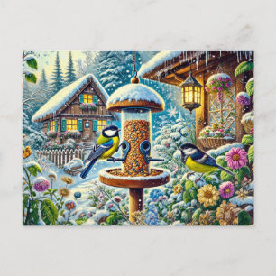Two Great Tit birds at the Feeder in Winter Postcard