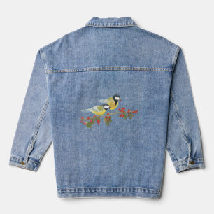 Two Great Tit Birds on The hawthorn Tree Branch Denim Jacket