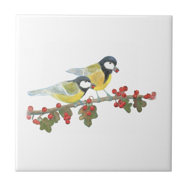 Two Great Tit Birds on The hawthorn Tree Branch  Tile (Front)