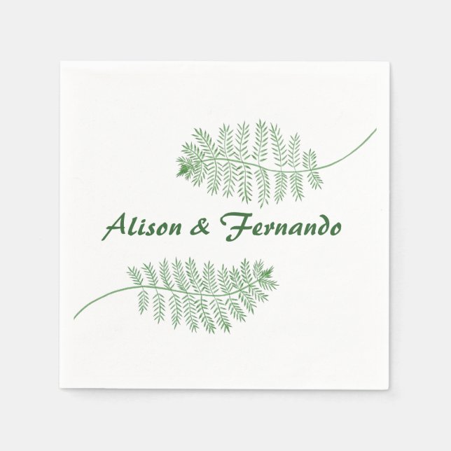 Two Green Ferns Personalised Wedding Napkins (Front)