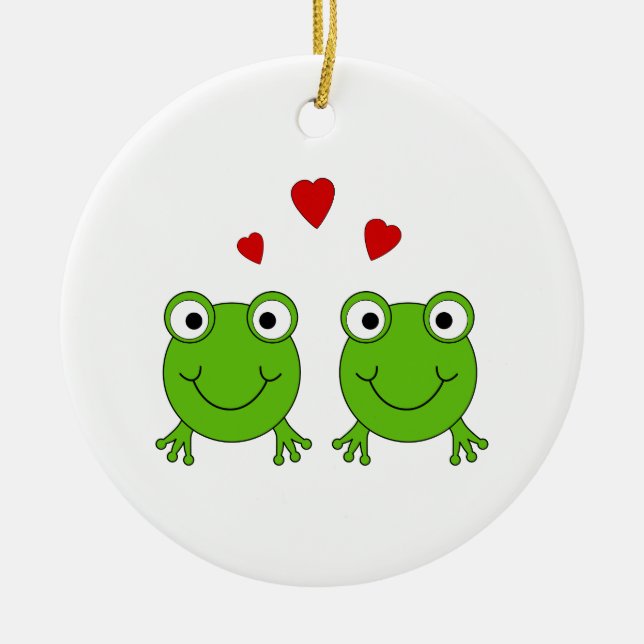 Two green frogs with red hearts. ceramic tree decoration (Front)