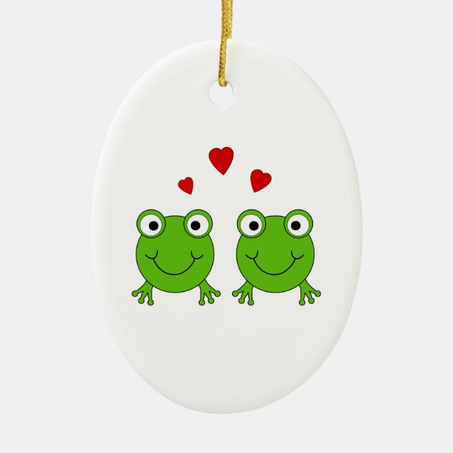 Two green frogs with red hearts. ceramic tree decoration (Front)