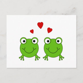Two green frogs with red hearts. postcard