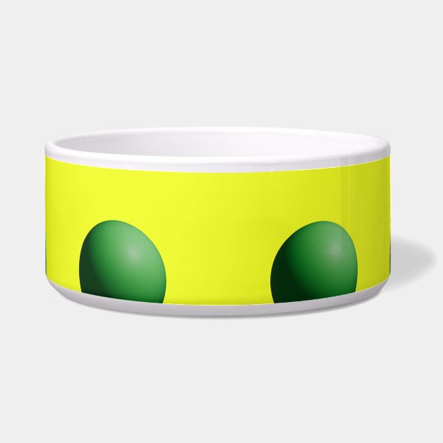 Two Green Spheres on Yellow Ceramic Pet Bowl (Front)