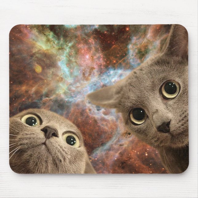 Two Grey Cats in Space Before a Nebula Mouse Pad (Front)
