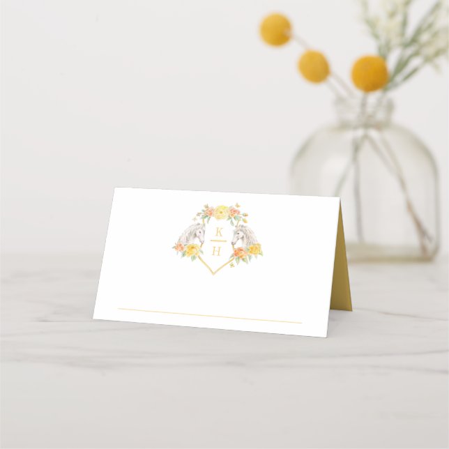 Two grey horses monogram yellow  white wedding place card (Front)