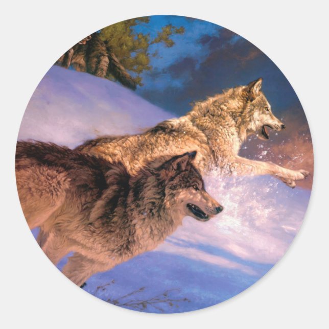 Two grey wolf in winter nature classic round sticker (Front)
