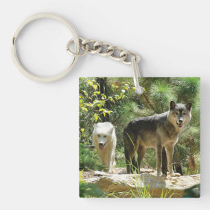 Two Grey Wolves in Forest Key Ring