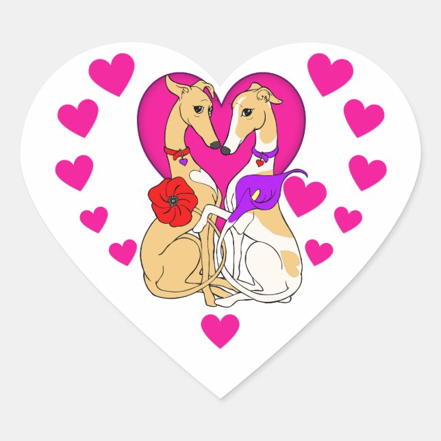 Two Greyhounds Pink Heart and Flowers Sticker (Front)