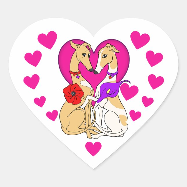 Two Greyhounds Pink Heart and Flowers Sticker (Front)