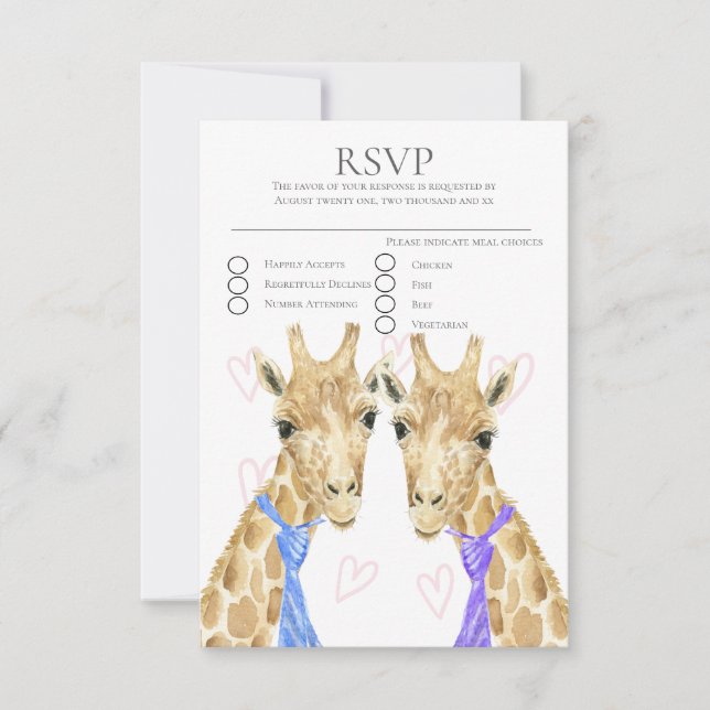 Two Groom Giraffe Gay Wedding  RSVP (Front)