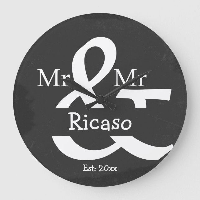 Two Groom Mr And Mr Personalised Faux Chalkboard Large Clock (Front)