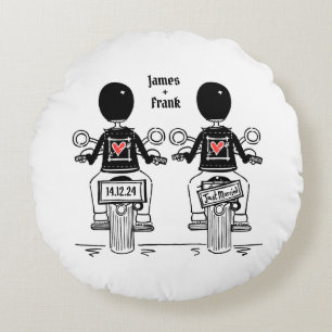Two Grooms Biker Motorcycle Wedding Round Cushion