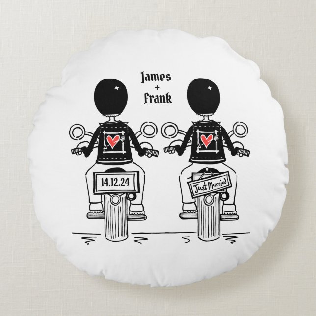 Two Grooms Biker Motorcycle Wedding Round Cushion (Front)