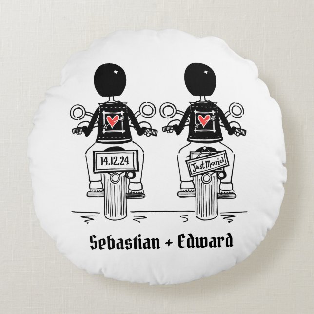 Two Grooms Biker Motorcycle Wedding Round Cushion (Front)