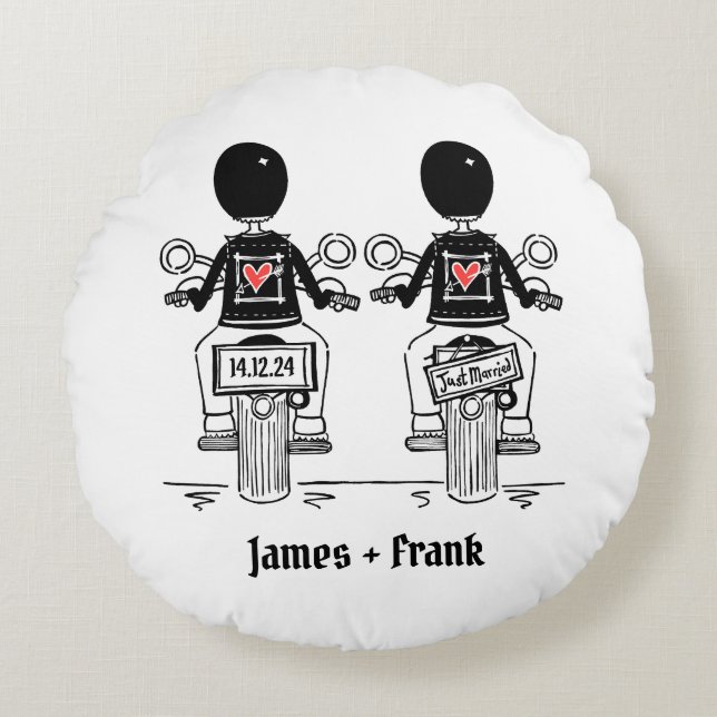 Two Grooms Biker Motorcycle Wedding Round Cushion (Front)