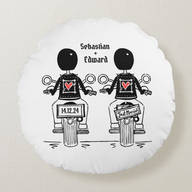 Two Grooms Biker Motorcycle Wedding Round Cushion (Front)