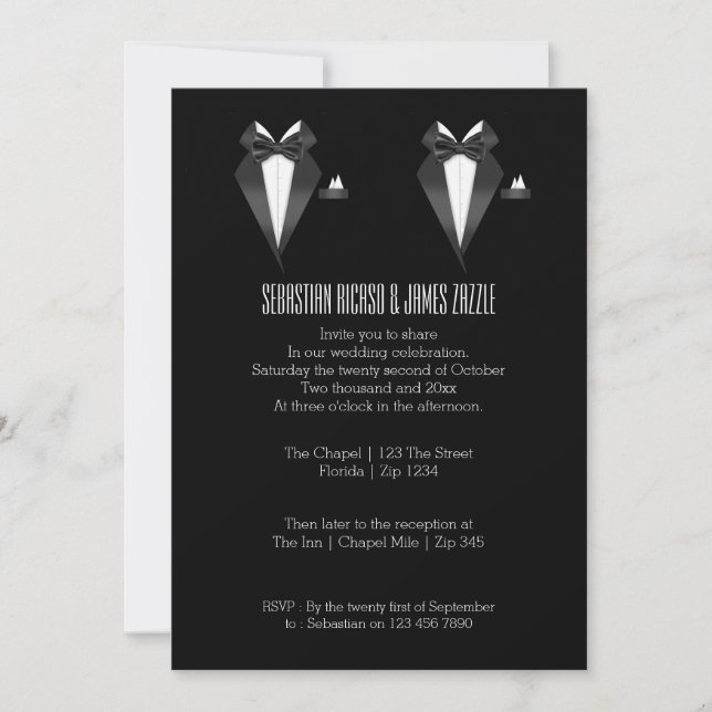 Two Grooms Bow Tie Tuxedo Wedding Invitation (Front)