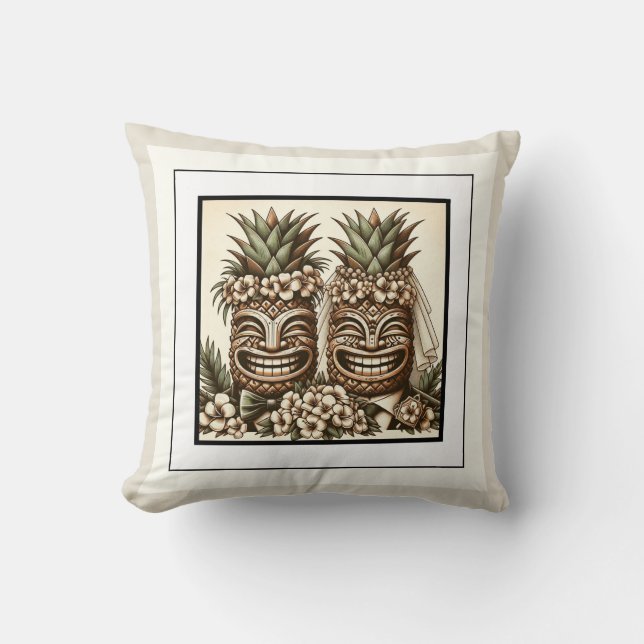 Two Grooms Gay Pineapple Tiki Head Retro Wedding  Cushion (Front)
