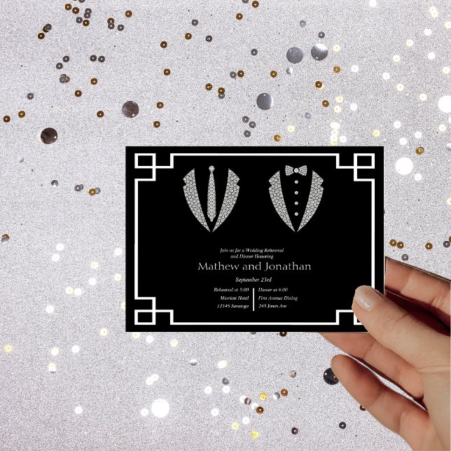  Two Grooms Gay Tuxedo Wedding Rehearsal  Invitation (Creator Uploaded)