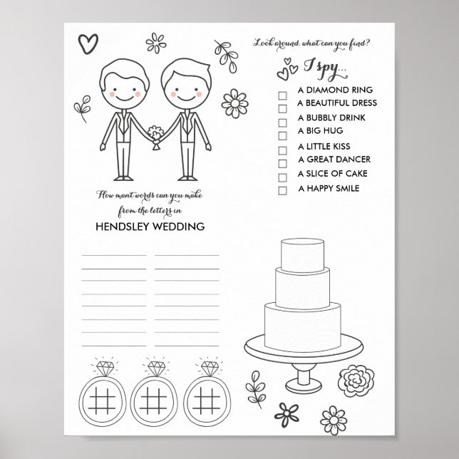 Two Grooms gay Wedding Colouring and Activity Page Poster (Front)