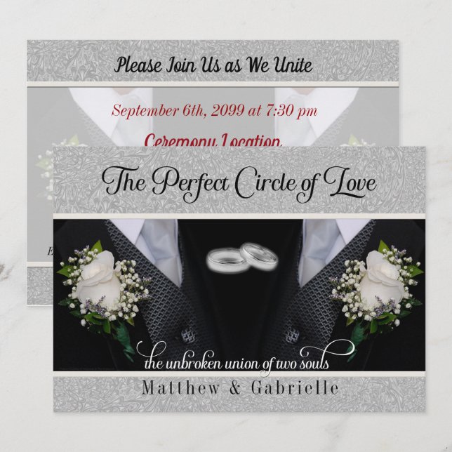 Two Grooms Gay Wedding or Civil Union Tuxes Invitation (Front/Back)