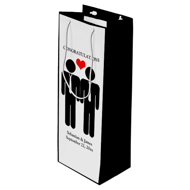 Two Grooms In Ties Wedding Customisable Wine Gift Bag (Front Angled)