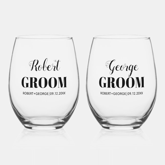 Two grooms names black typography gay wedding stemless wine glass (Front)