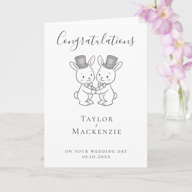 Two Grooms Rabbits Congratulations Wedding Card (Orchid)