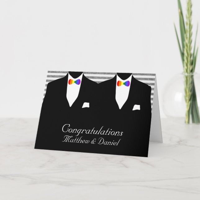 Two Grooms Rainbow Tie Wedding Congratulations Card (Front)