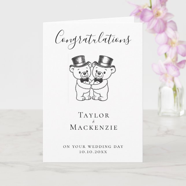 Two Grooms Teddy Bears Congratulations Wedding Card (Orchid)