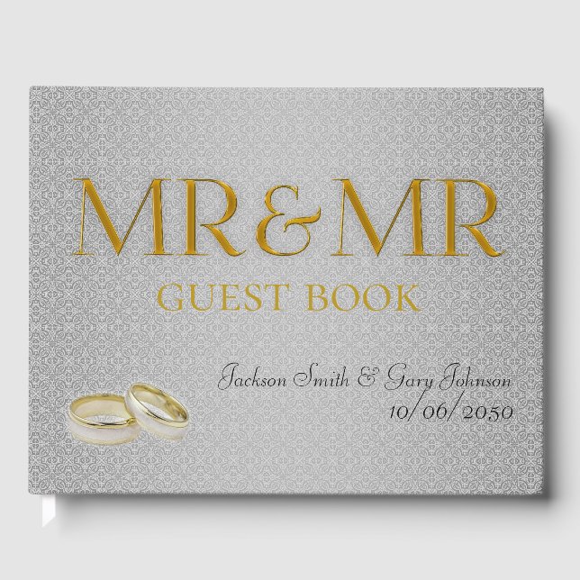 Two Grooms Wedding Day Mr & Mr in Gold and Silver Guest Book (Front)