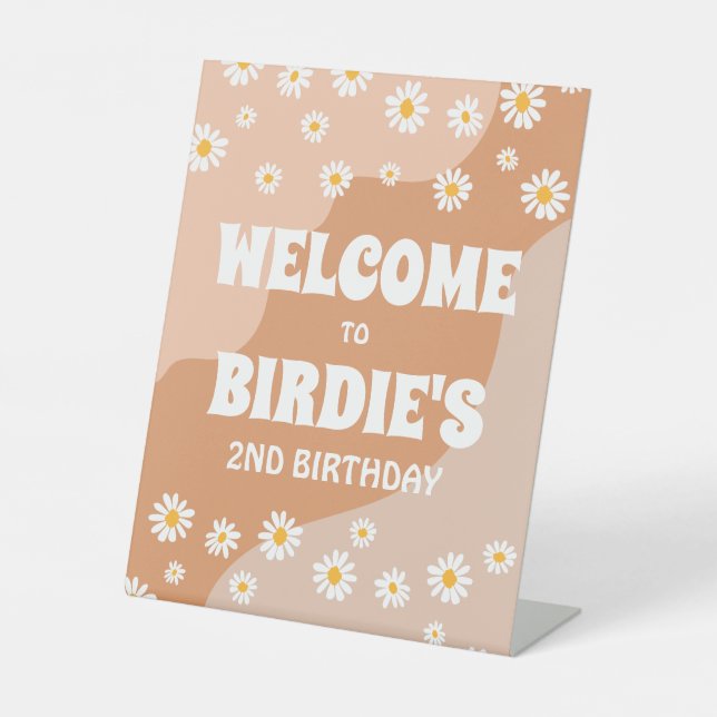 Two Groovy 2nd Birthday Party Boho Daisy Welcome Pedestal Sign (Front)