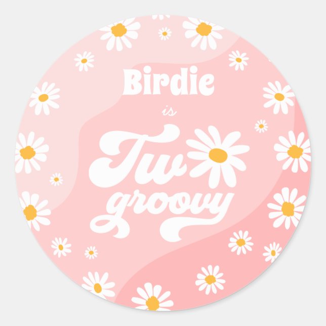 Two Groovy 2nd Birthday Party Retro Daisy Favours Classic Round Sticker (Front)