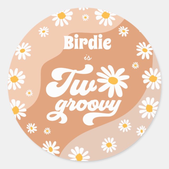 Two Groovy 2nd Birthday Party Retro Daisy Favours Classic Round Sticker (Front)