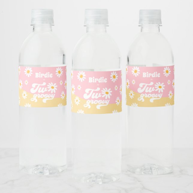 Two Groovy 2nd Birthday Party Retro Daisy Party Water Bottle Label (Bottles)