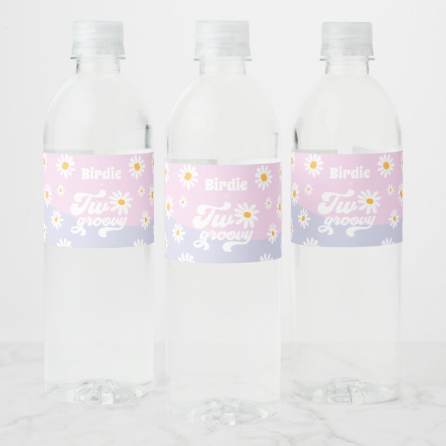 Two Groovy 2nd Birthday Party Retro Daisy Party Water Bottle Label (Bottles)