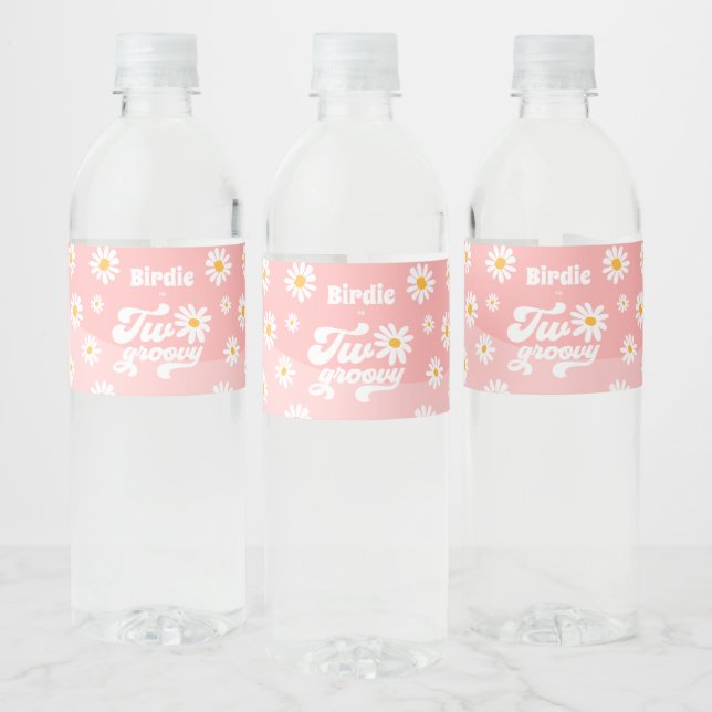 Two Groovy 2nd Birthday Party Retro Daisy Party Water Bottle Label (Bottles)