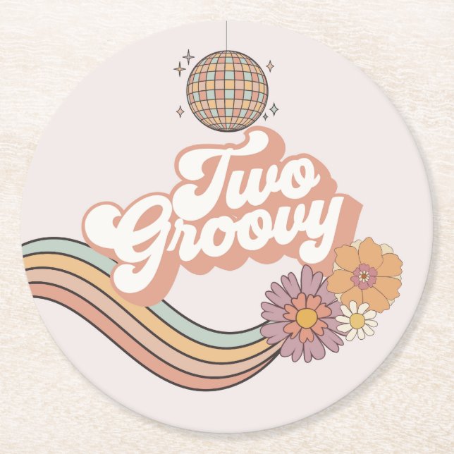 Two Groovy 2nd birthday party Round Paper Coaster (Front)