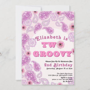 Two Groovy 2nd Birthday Pink Paisley and Flowers Invitation