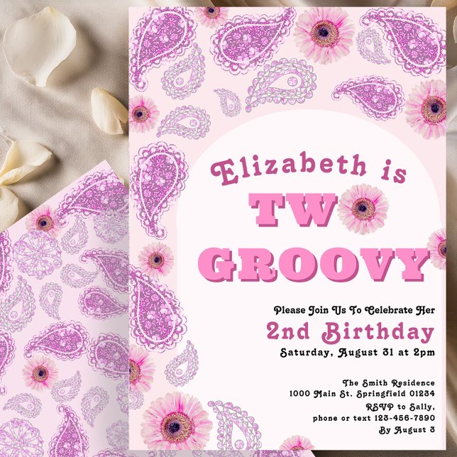 Two Groovy 2nd Birthday Pink Paisley Flower Power Invitation (Creator Uploaded)