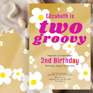 Two Groovy 2nd Birthday Tan Flower Power Hippie Invitation