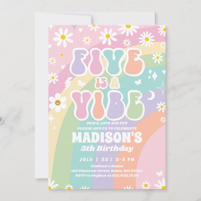 Two Groovy 5th Birthday Rainbow Peace Love Party  Invitation (Front)