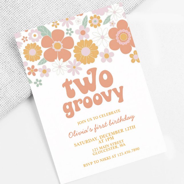 Two Groovy 70s Retro Daisy Second Birthday Invitation (Creator Uploaded)