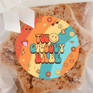 Two Groovy Babe Retro Rainbow 2nd Birthday Party Classic Round Sticker