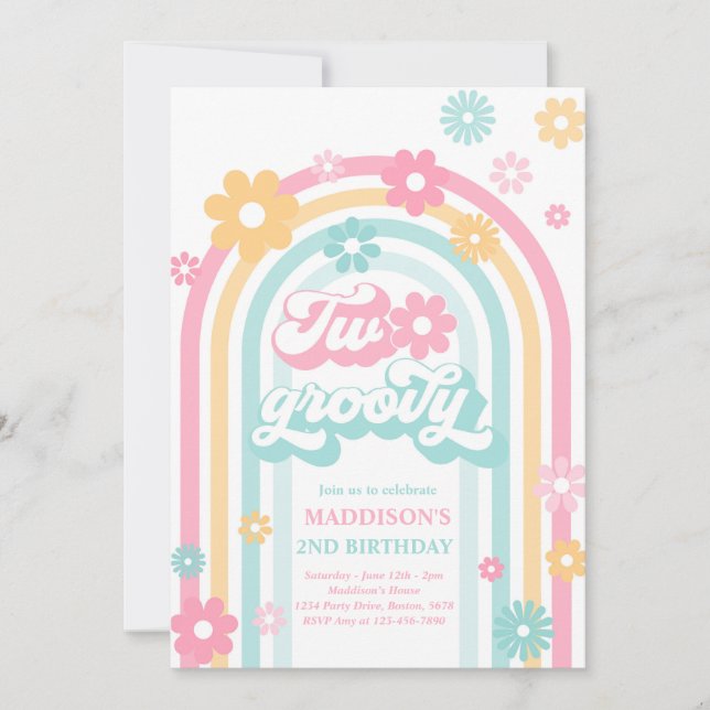 Two Groovy Boho Daisy Rainbow 2nd Birthday Party Invitation (Front)