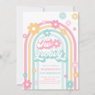 Two Groovy Boho Daisy Rainbow 2nd Birthday Party Invitation