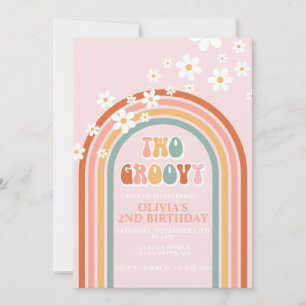 Two Groovy daisy boho floral rainbow 2nd birthday Invitation